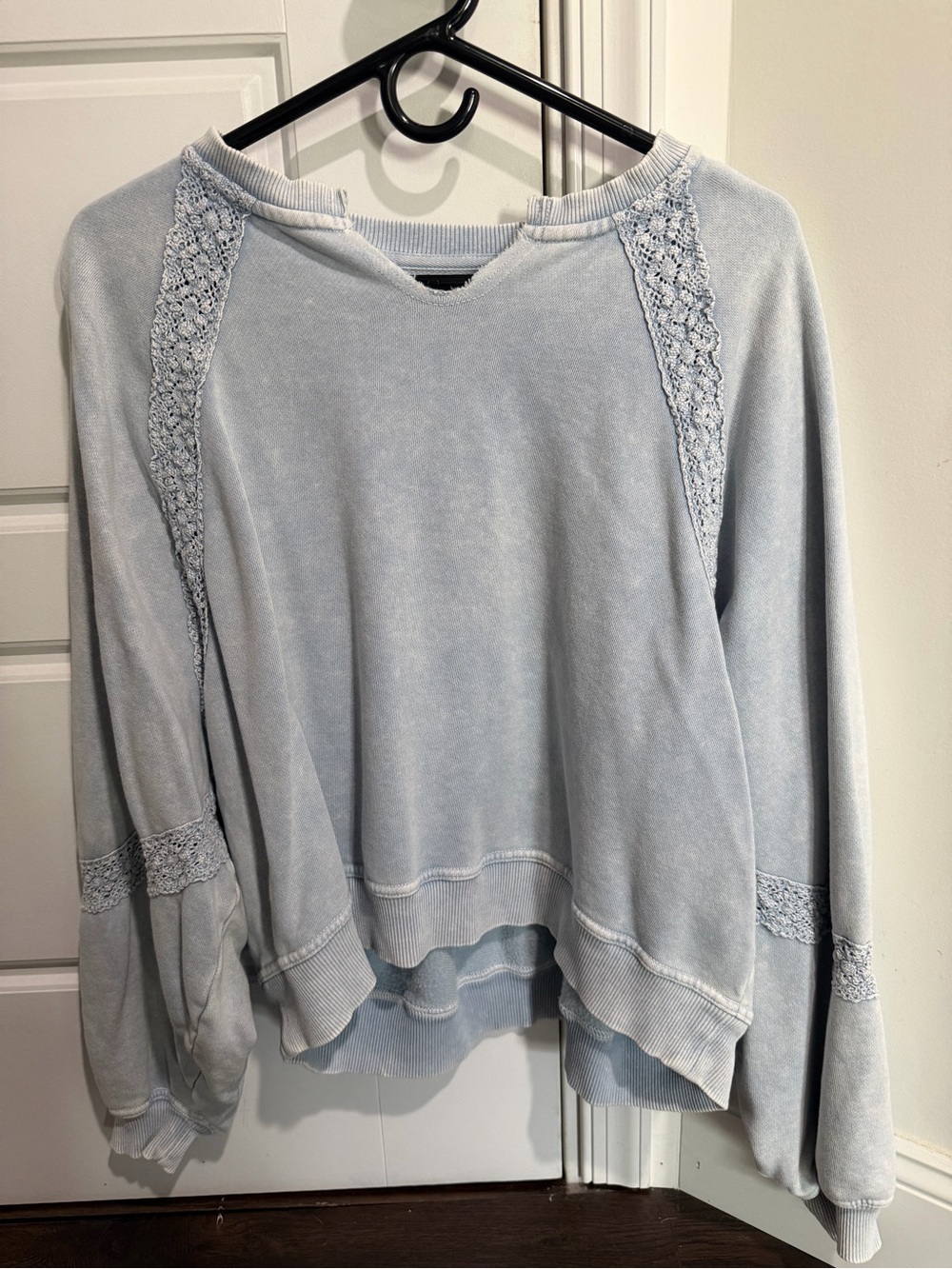 aerie Light Blue Lace-Trim Pullover Sweatshirt